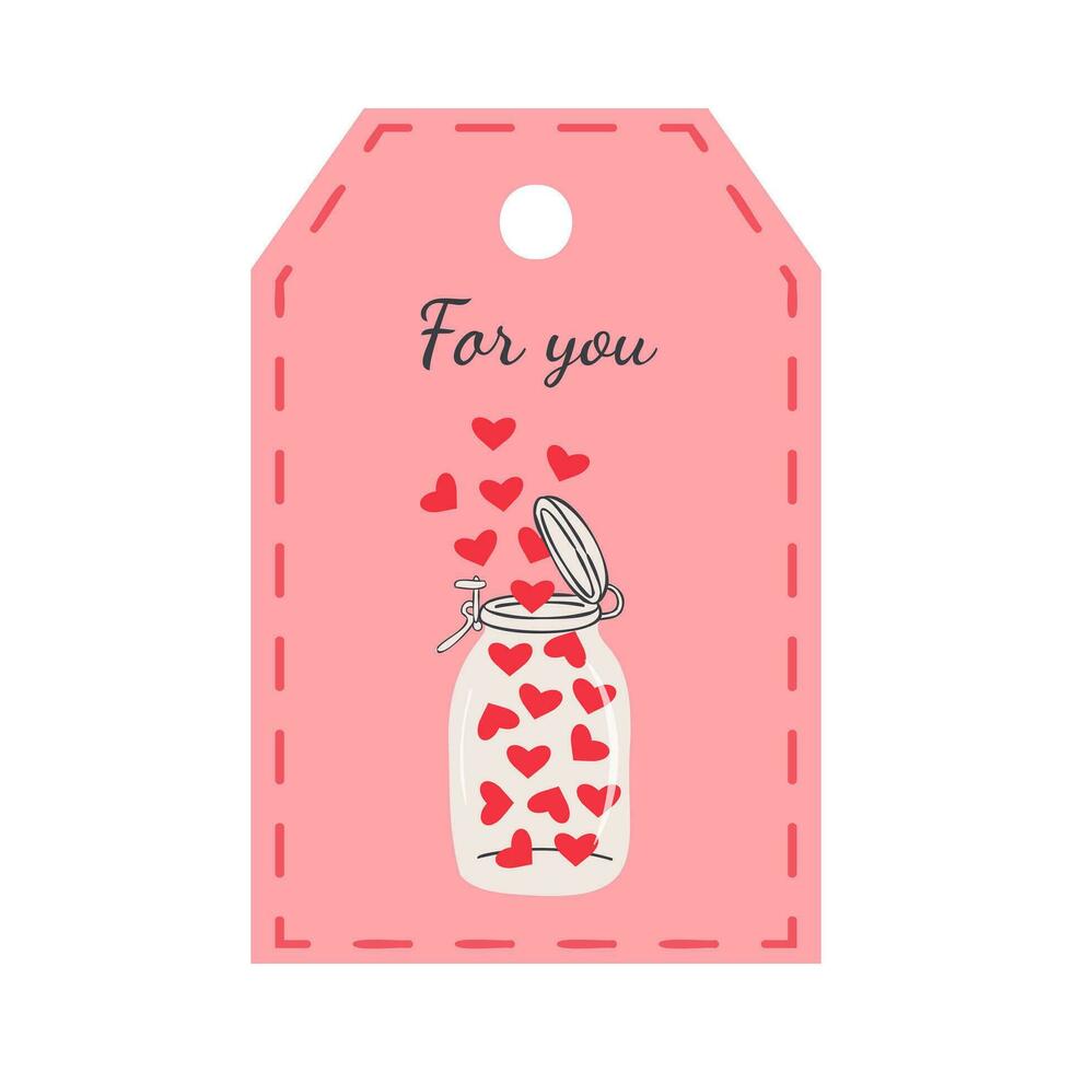 Valentinsgrüße Tag Etikett mit Glas Krug voll von Herzen. zum Sie Beschriftung. Urlaub Geschenk Etikette Vorlage. vektor