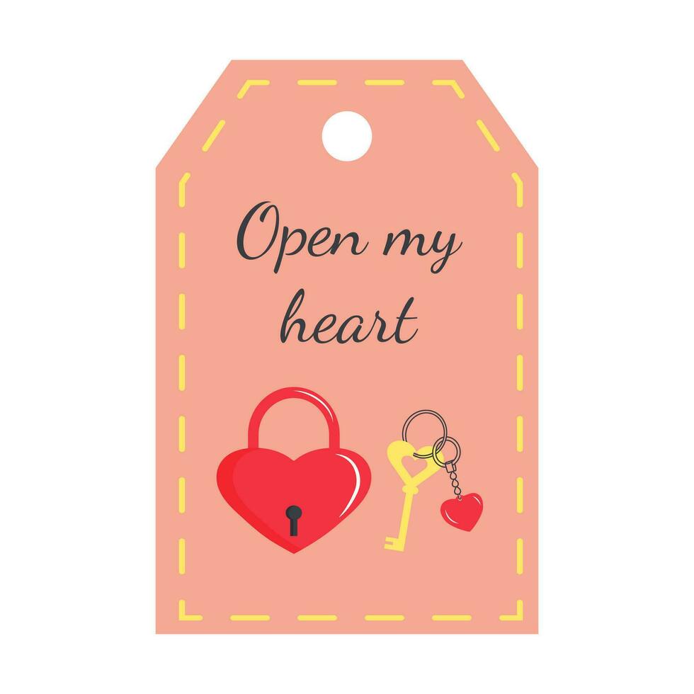 valentines dag märka med hjärta låsa och nyckel. öppen min hjärta text. Semester gåva märka mall. vektor