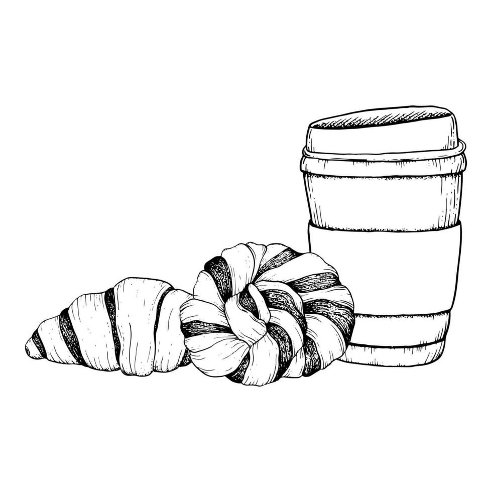 Schokolade Croissant und geflochten gezüchtet Brötchen mit Kaffee Tasse Vektor Illustration im schwarz und Weiß zum Frühstück und Cafe Speisekarte Design