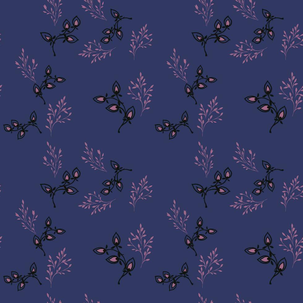abstrakt stiliserade blommig grenar sömlös mönster. enkel mycket liten löv grenar på en mörk blå bakgrund. vektor hand ritade. design för mode, textil, tyg, tapet, yta design