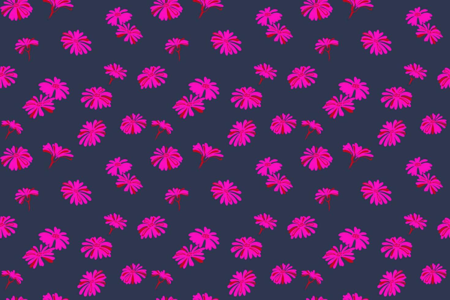 sömlös mönster med platt kreativ blommor på en mörk blå bakgrund. vektor hand dragen skiss klotter. enkel, retro bakgrund med ditsy rosa blommig. design för mode, tyg, tapet.