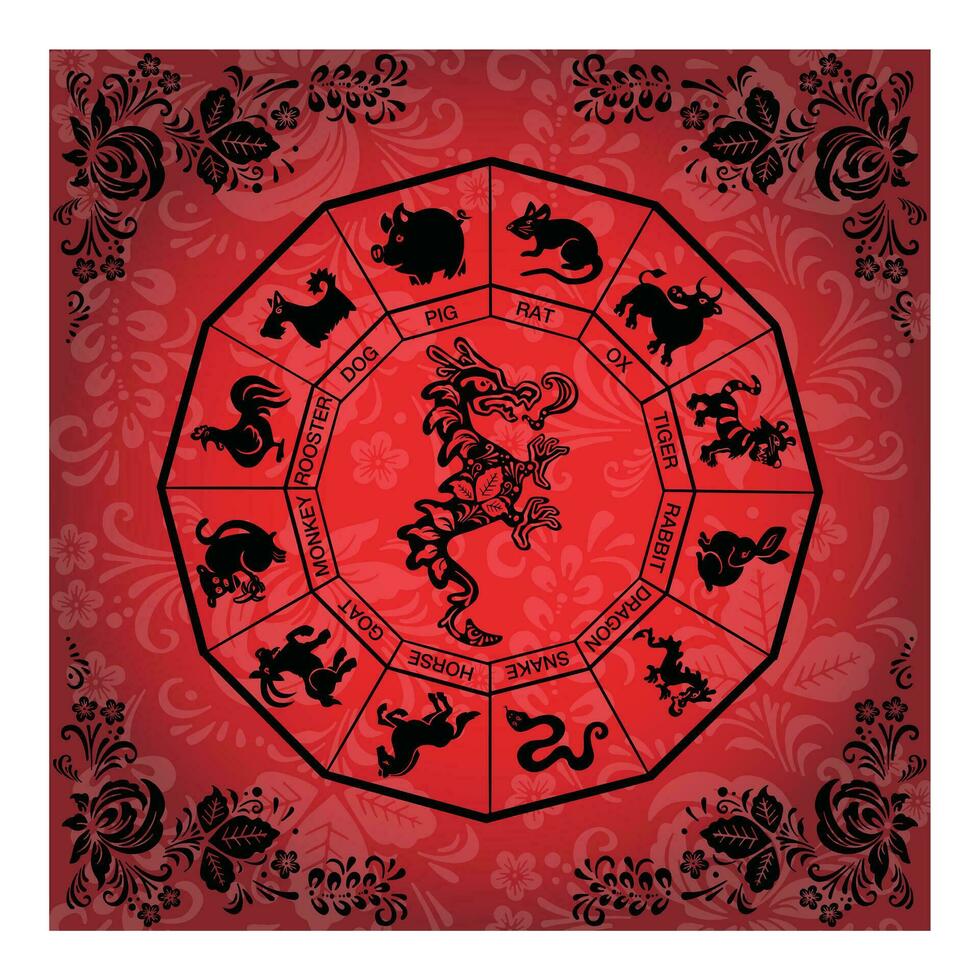 svart etnisk boho drake, monster på röd baner bakgrund vektor