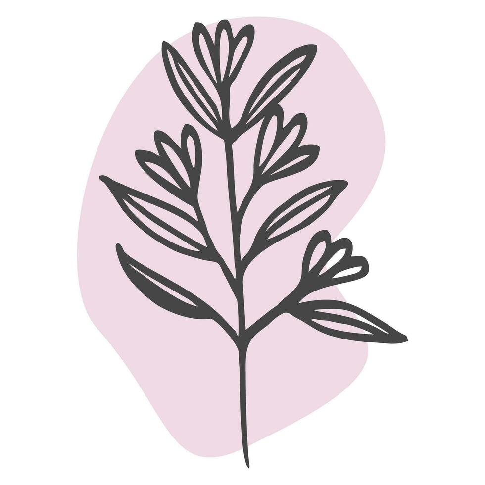 skön blommor och löv på rosa fläck isolerat på vit bakgrund. linje konst vektor botanik gren illustration. dekorativ blommig design element i boho stil för hälsning kort, vår affisch.