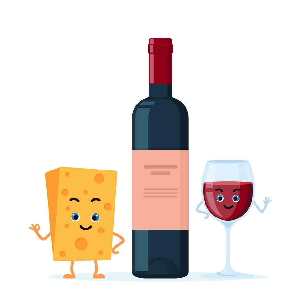 lächelnd Käse und Glas von rot Wein, süß komisch Figuren. Flasche von rot Wein zwischen ihnen. Essen und trinken Konzept. Vektor Illustration.