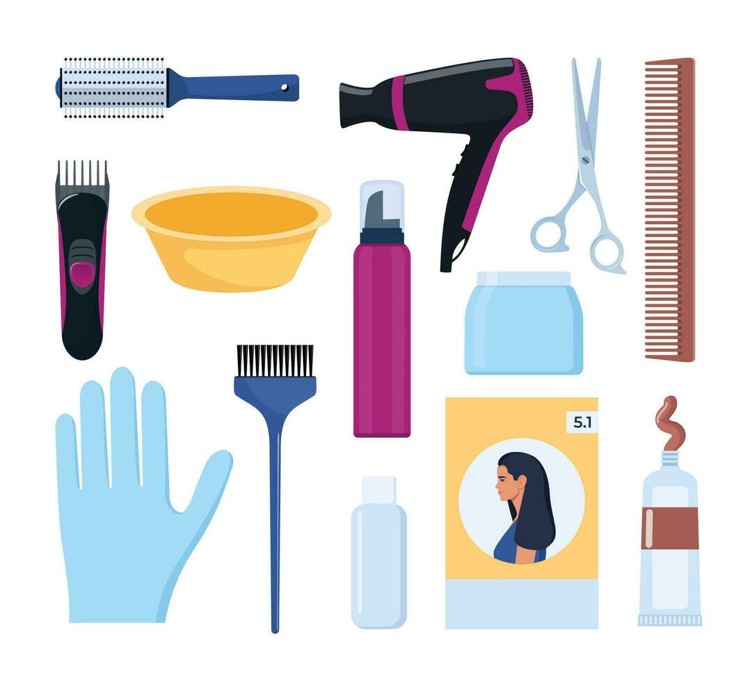 Fachmann Friseur und Haar Färbung Werkzeug. Werkzeuge und kosmetisch Produkte zum Haar Pflege. Elemente zum Schönheit Salon. Vektor Illustration.