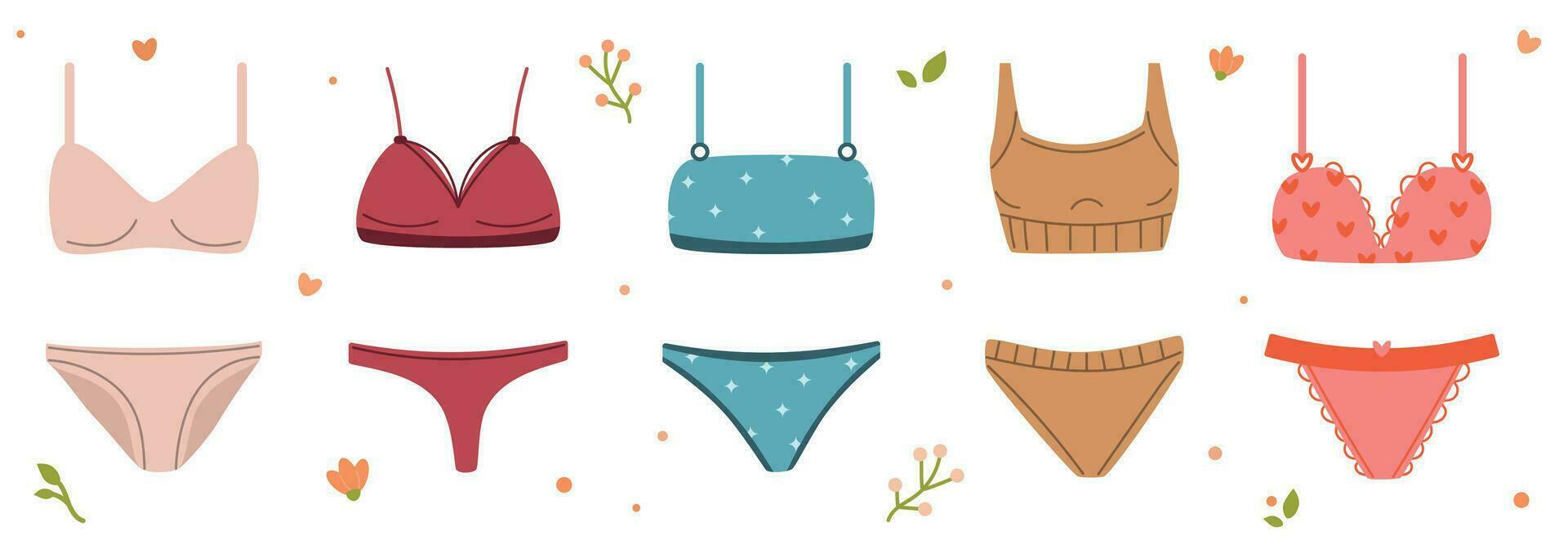 Vektor einstellen von Dessous setzt, Damen Unterwäsche, Höschen, Bikinis, BHs und Spitzen