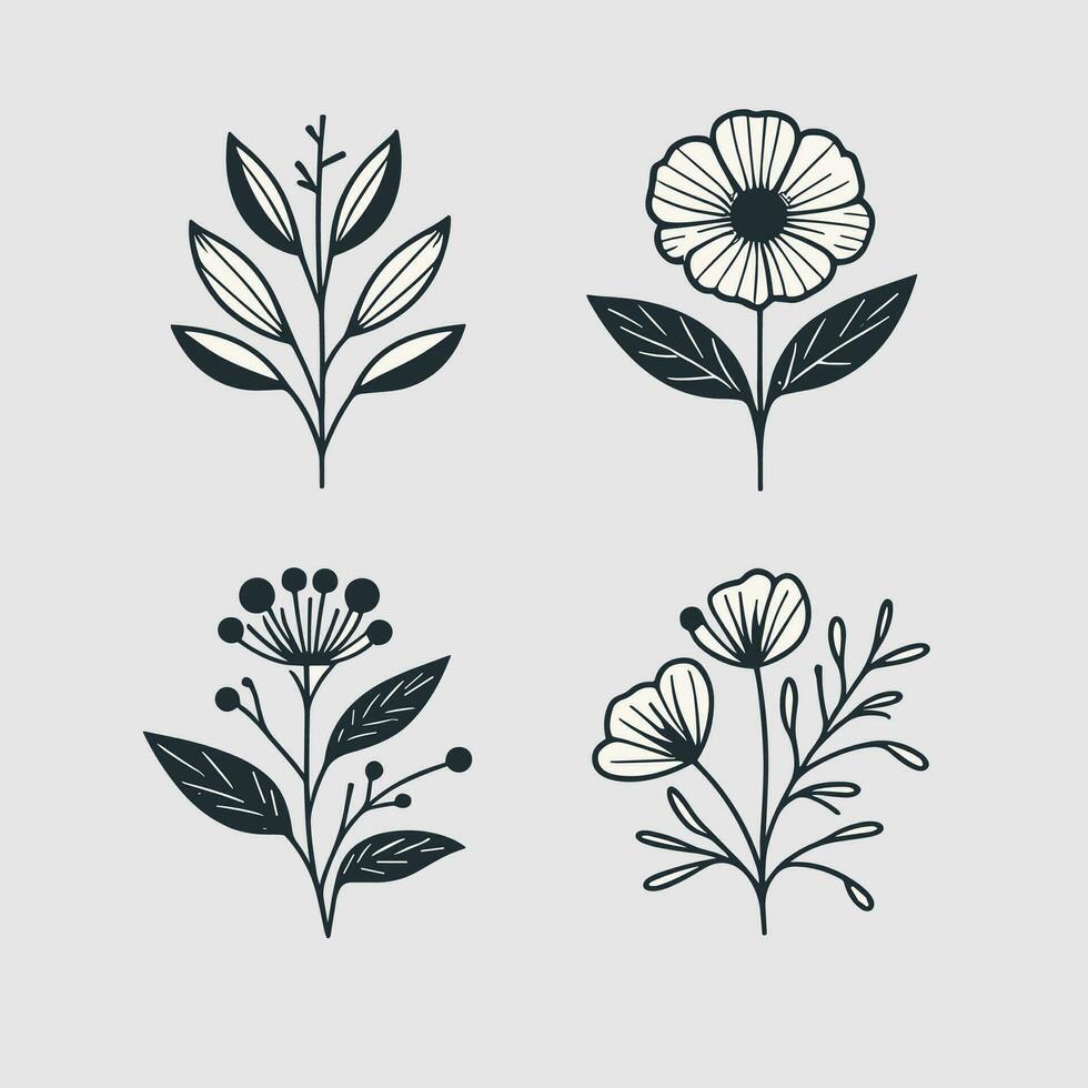 uppsättning av små vild och växter linje konst vektor botanisk illustration. trendig grön hand dragen svart bläck skiss samling. modern mönster för, vägg konst, branding och förpackning.