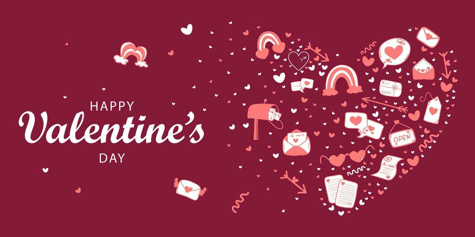 glücklich Valentinstag Tag Netz Banner auf ein Rosa Hintergrund mit anders Elemente fliegend um das Inschrift, mit ein Platz zum Ihre Text. vektor