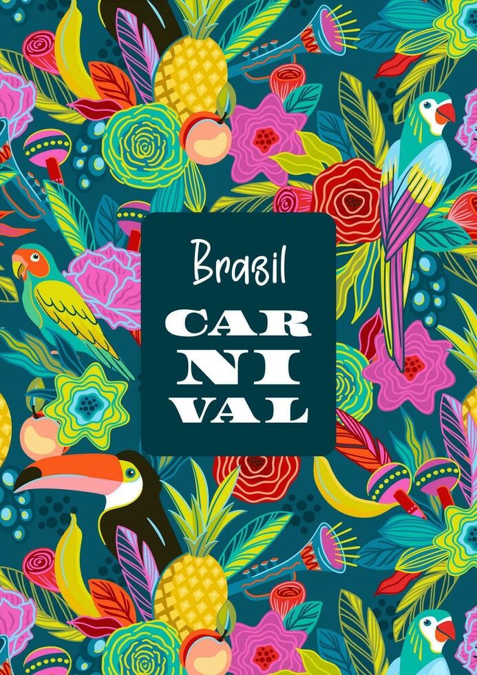 Vorlage mit Blumen, Früchte, Vögel, Musical Instrumente. Brasilien Karneval. Vektor Design zum Karneval Konzept und andere verwenden