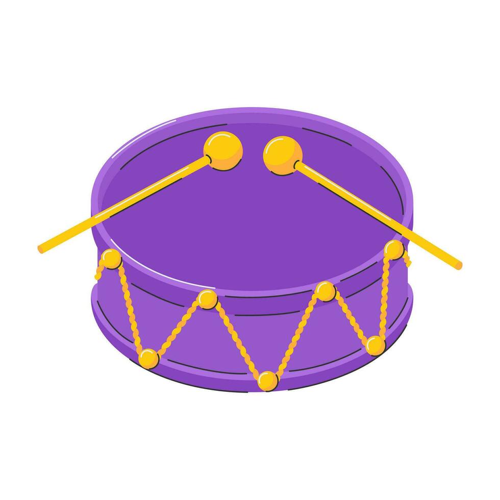 trumma med pinnar. percussion musikalisk instrument. en symbol av mardi gräs, brasiliansk karneval, festival. platt dekorativ element. vektor illustration isolerat på en vit bakgrund.