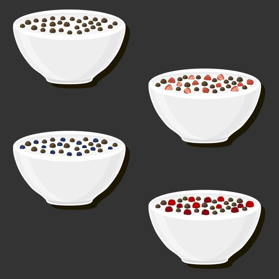 illustration på tema stor uppsättning annorlunda typer efterrätt ljuv mjölk flingor i skål vektor
