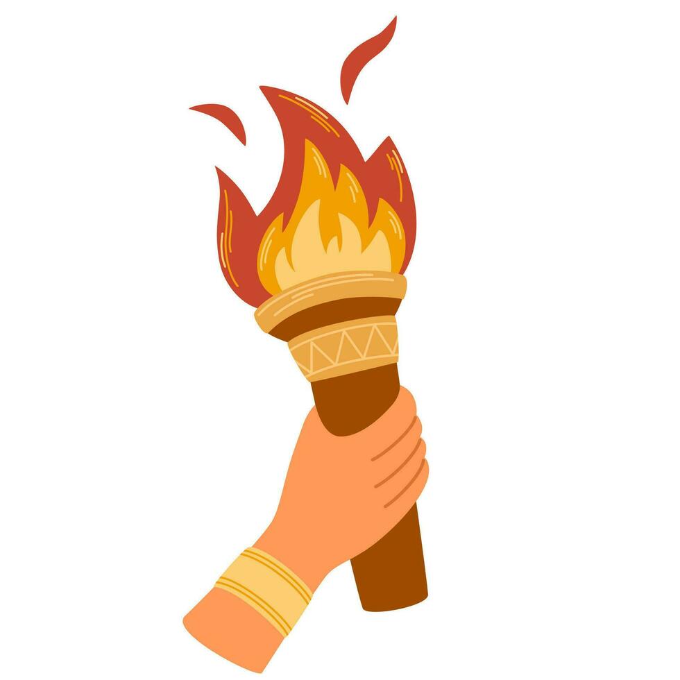 Hand mit flammend Fackel. Verbrennung Fackel Flamme im Hand. Symbole von Relais Wettrennen, Wettbewerb Sieg, Champion oder Gewinner. Vektor Hand zeichnen Illustration isoliert auf Weiß.