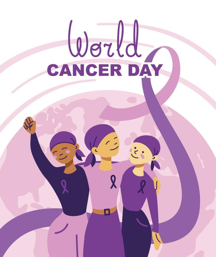 Welt Krebs Tag. Gruppe von Menschen unterstützen jeder andere im das Kampf gegen mit Krebs. Banner. Vektor. vektor