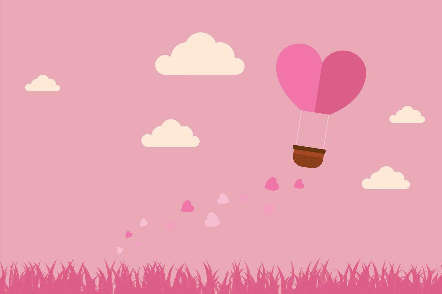 illustration av kärlek och hjärtans dag, varm luft ballong flugor över de gräs med hjärta flytande på de himmel. papper konst och digital hantverk stil. vektor