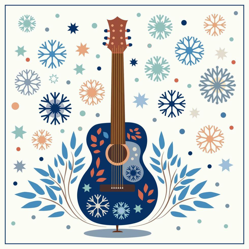 künstlerisch Illustration mit ein Sechs-Saiter Blau Gitarre auf ein Winter Hintergrund mit Blätter und Schneeflocken. vektor