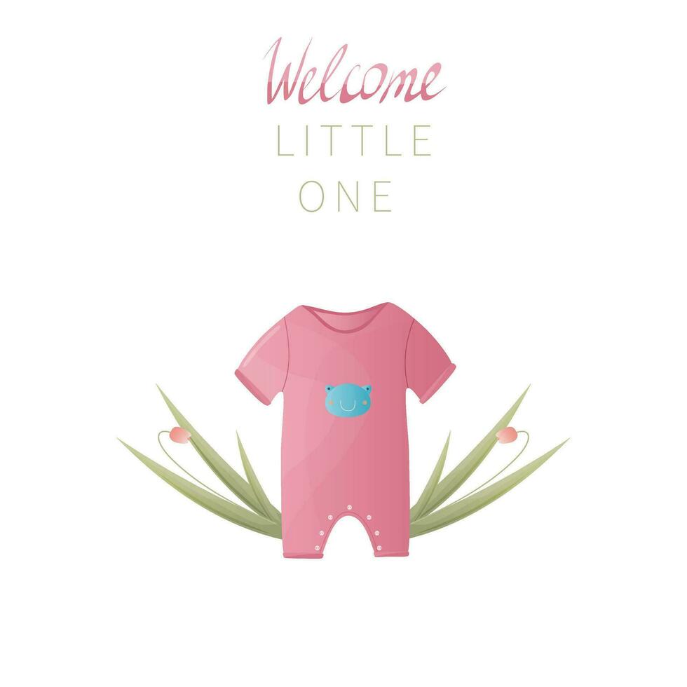 söt bebis kort med bebis kroppsdräkt och handskriven text. vektor kort, omslag och inbjudan.