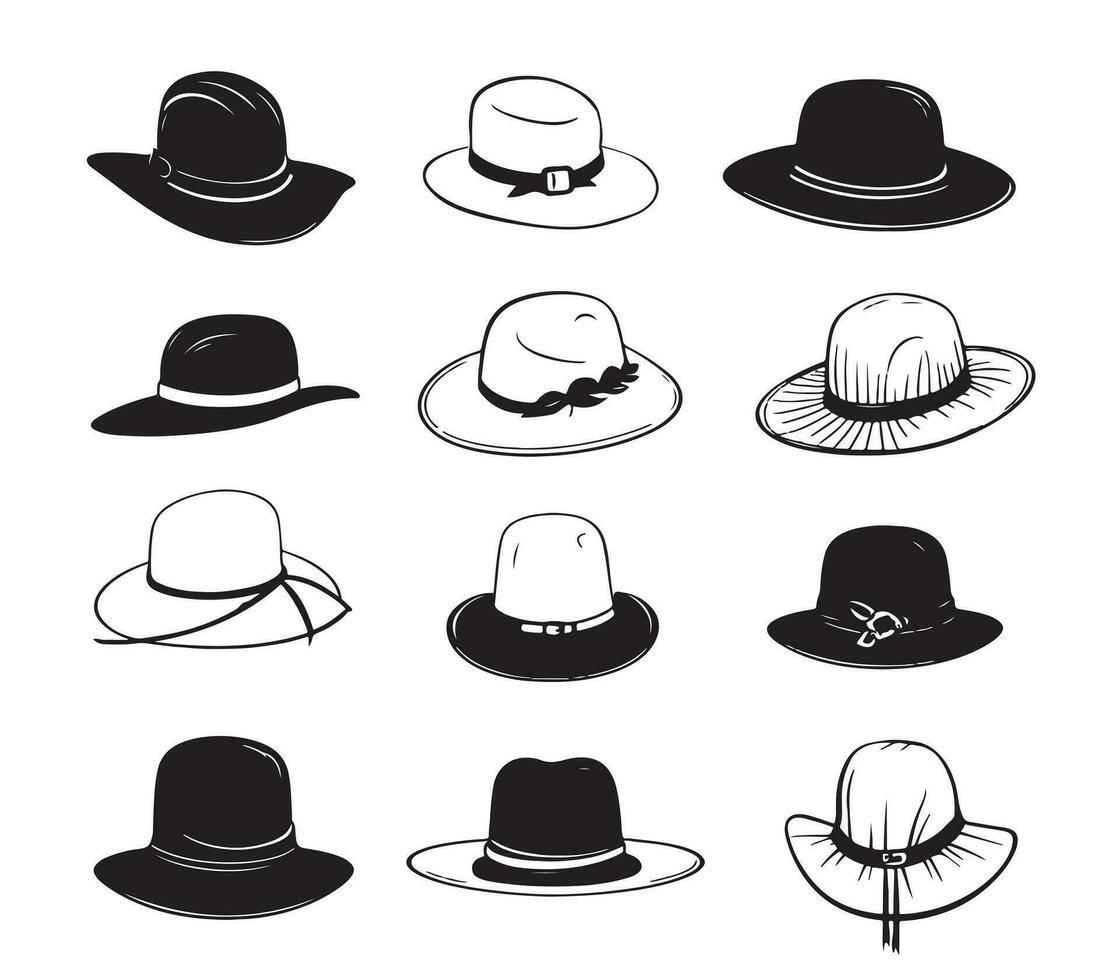 uppsättning av hattar skiss dragen i klotter stil. kvinna hatt symboler och tecken vektor