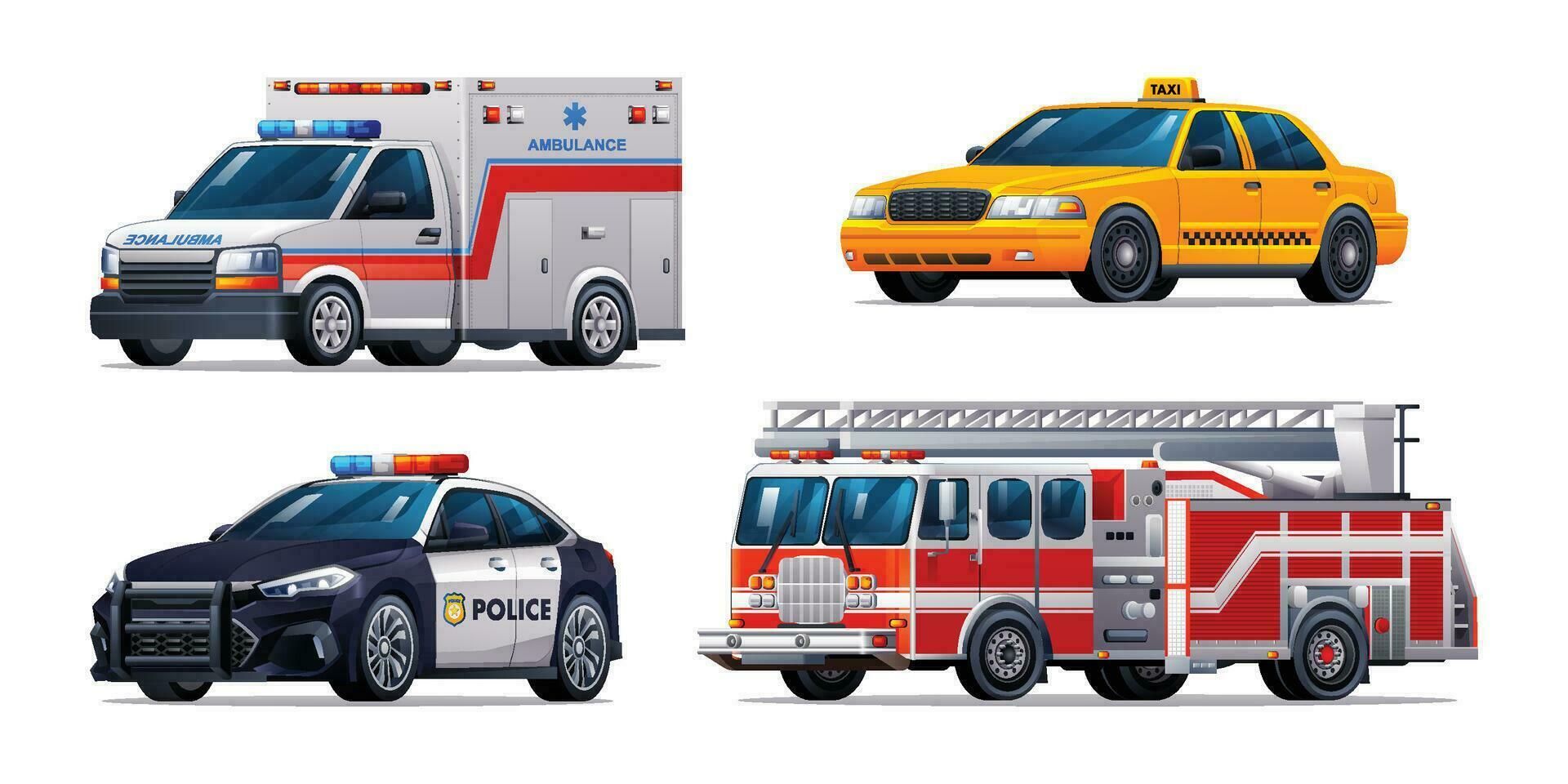 einstellen von Notfall Fahrzeuge. Krankenwagen, Taxi, Polizei Auto und Feuer LKW. offiziell Notfall Bedienung Fahrzeuge Vektor Illustration
