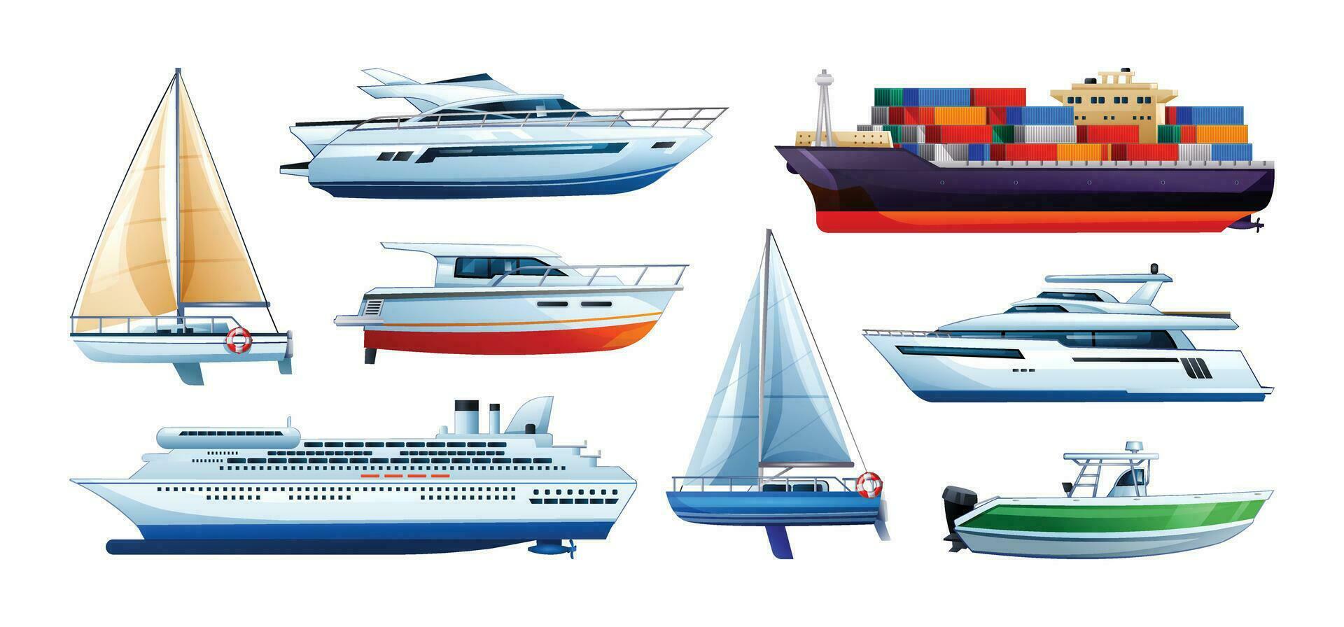 einstellen von Meer Schiffe und Boote. Segelboot, Schnellboot, Yacht und Ladung Schiff Sammlung. Vektor Illustration isoliert auf Weiß Hintergrund