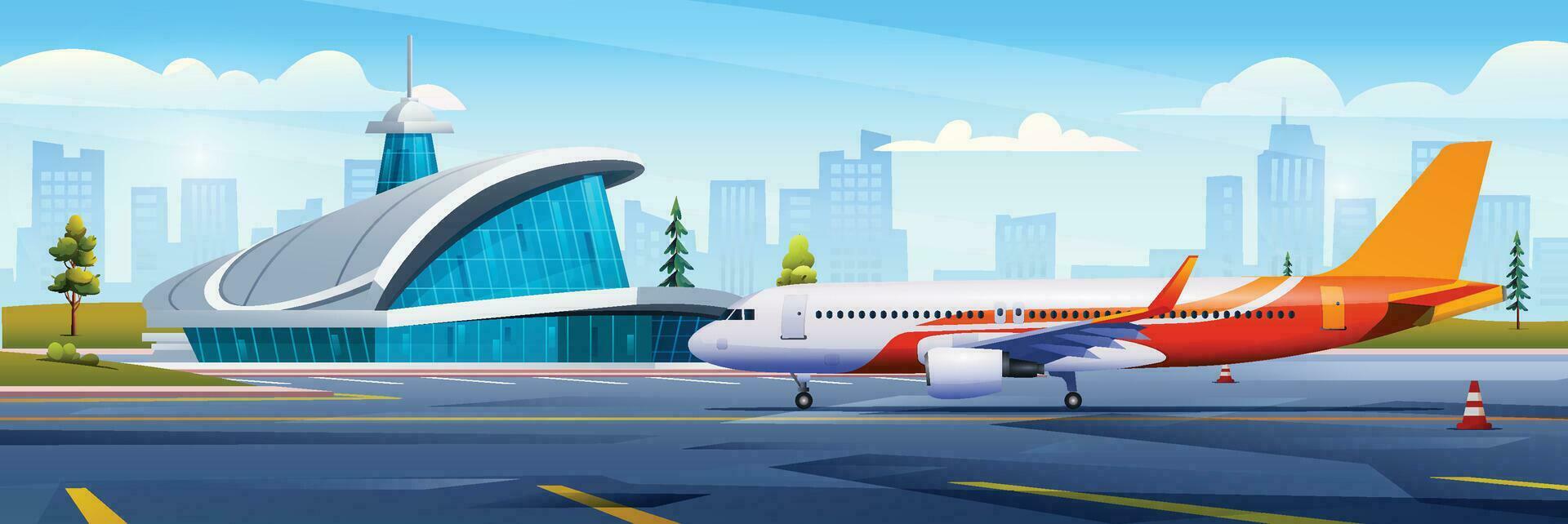 International Flughafen Gebäude mit Flugzeug und Stadt Landschaft. Vektor Karikatur Illustration