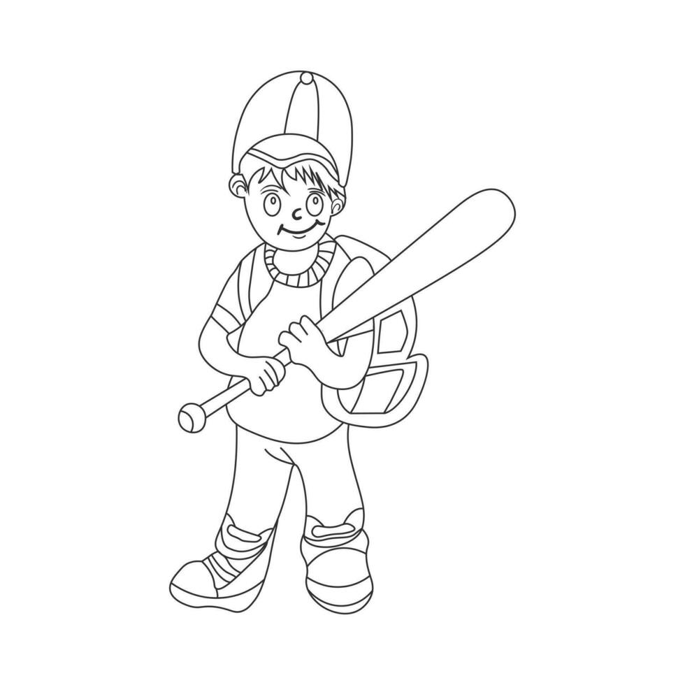 hand dragen söt pojke med baseboll pinne tecknad serie illustration vektor