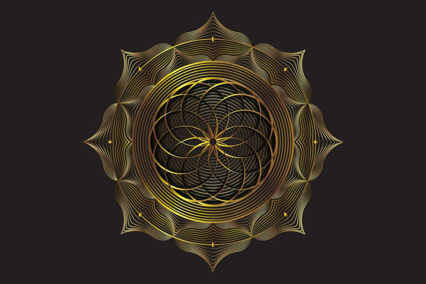 guld helig lotus mandala, mystisk blomma av liv. helig geometri, vektor logotyp grafisk element isolerat. mystiker ikon utsäde av liv, lyx abstrakt geometrisk esoterisk blomma på svart bakgrund