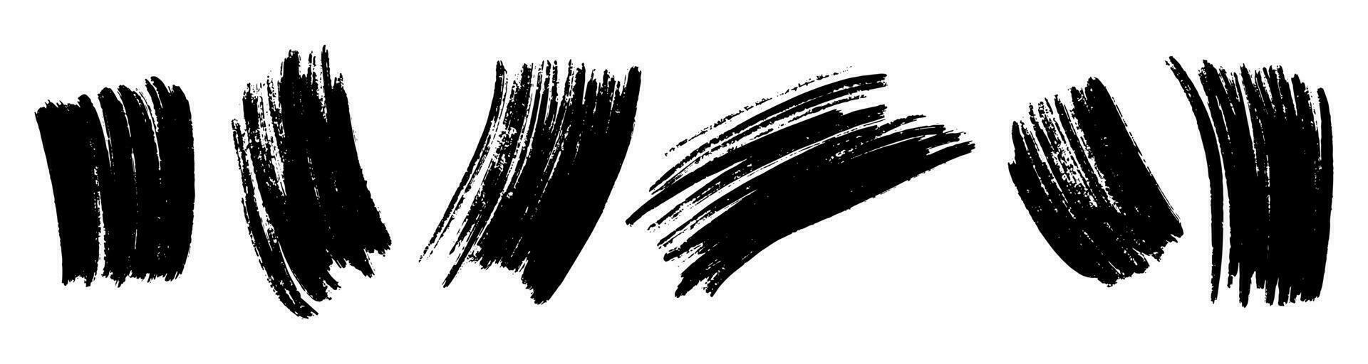 uppsättning av bläck borsta slag, borstar, rader, svart måla, grungy. hand dragen grafisk element isolerat på vit bakgrund. vektor