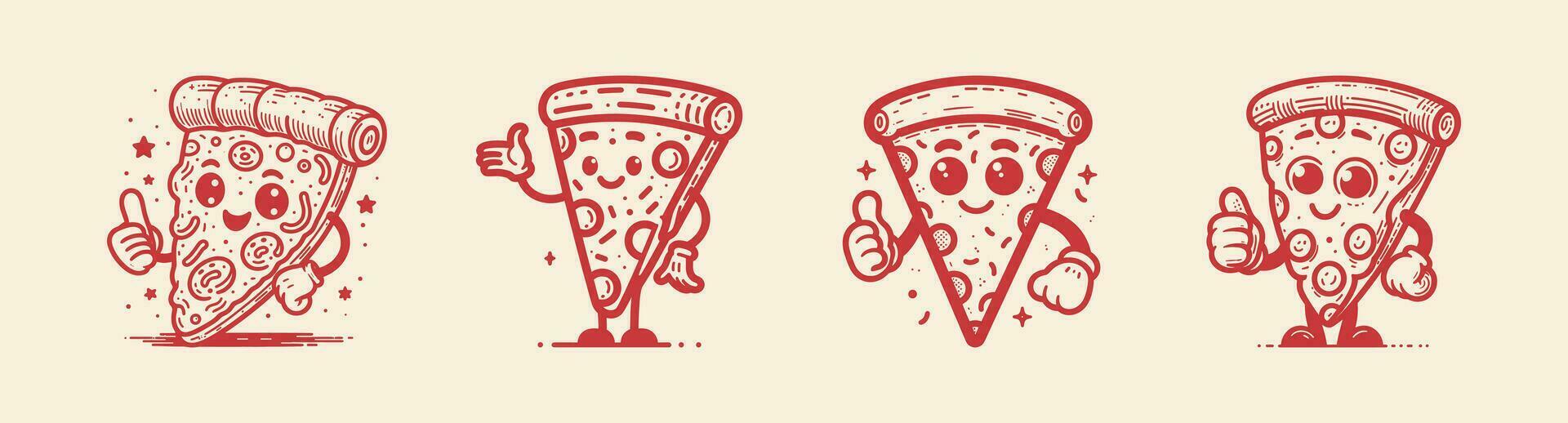 Pizza Maskottchen, Jahrgang Charakter, retro Kunst. modisch Pizza und Karikatur Zeichen Satz. vektor