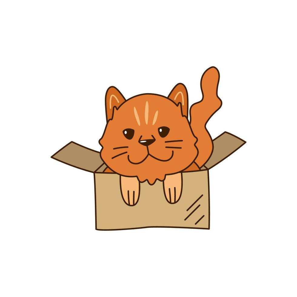 süß wenig rot Katze im ein Karton Kasten. Schutz ein Haustier. kawaii Vektor Illustration.