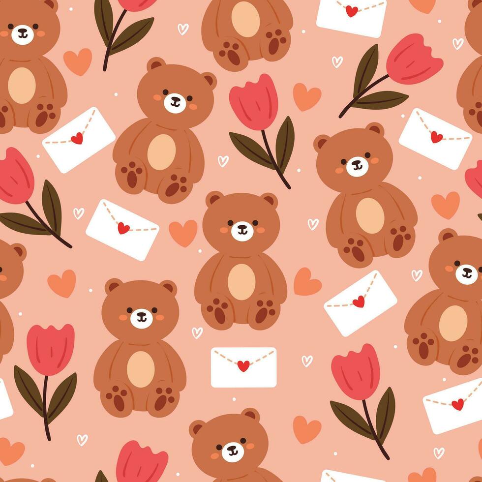 süß nahtlos Muster Karikatur Bär mit Blume und Liebe Brief. süß Valentinstag Hintergrund zum Geschenk wickeln Papier vektor