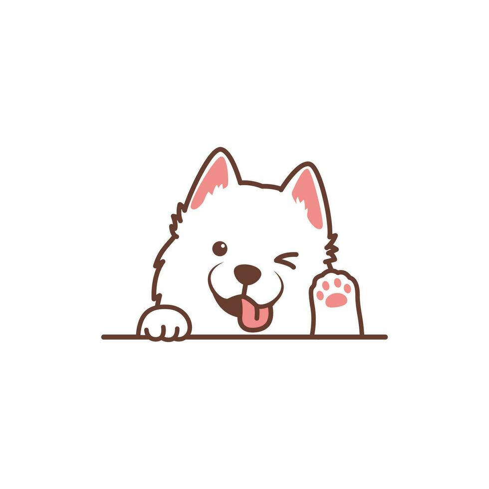 komisch samoyed Hund zwinkert Auge und winken Pfote Karikatur, Vektor Illustration