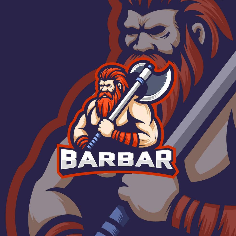 sperrig Barbar halten groß Hand Axt Maskottchen Esport Vektor Illustration. alt Barbar Spielen und Sport Mannschaft Maskottchen Emblem.