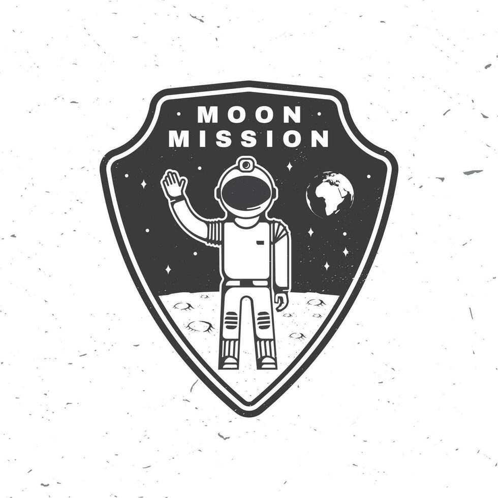 Mond Mission Logo, Abzeichen, Patch. Vektor. Konzept zum Shirt, drucken, Briefmarke, Overlay oder Vorlage. Jahrgang Typografie Design Astronaut auf das Mond und Erde Silhouette. vektor