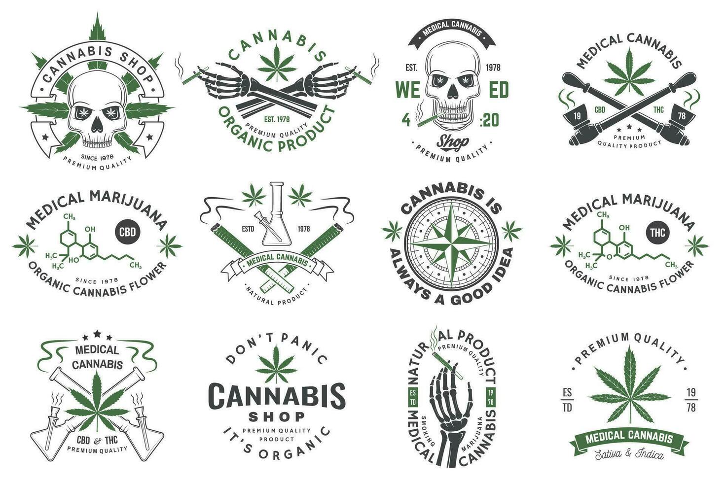 einstellen von medizinisch Cannabis Abzeichen, Etikette mit Schädel, Skelett Hand, Rauchen Marihuana. Vektor Jahrgang Typografie Logo Design mit Cannabis, Skelett Hand Silhouette zum Gras Geschäft, Marihuana Lieferung