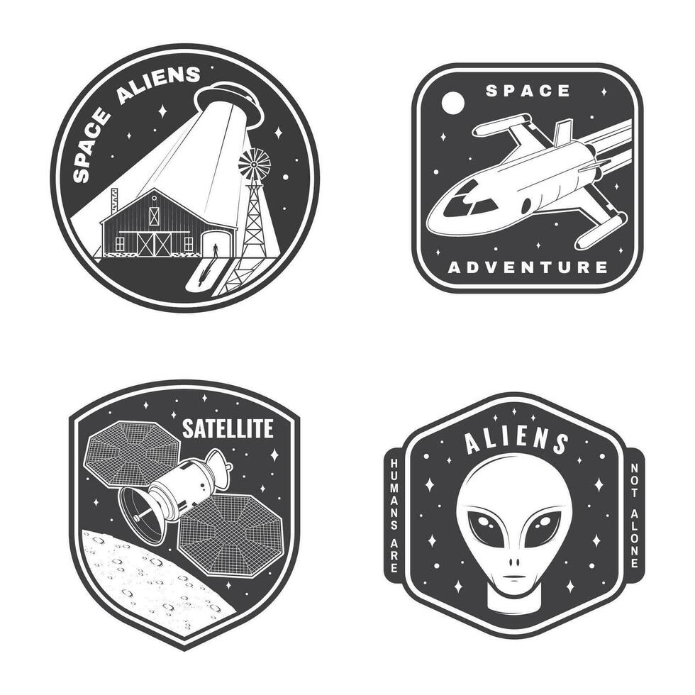 einstellen von Raum Mission Logo, Abzeichen, Patch. Vektor Konzept zum Shirt, drucken, Briefmarke. Jahrgang Typografie Design mit Raum Rakete, Außerirdischer, Mars Rover und Satellit auf das Mond und Erde Silhouette.