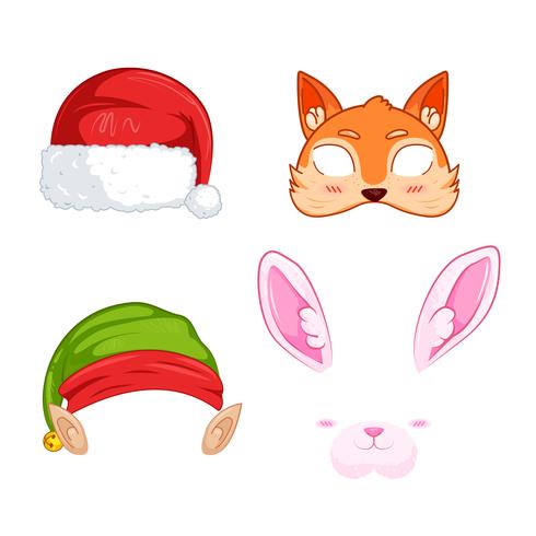 Silvester-Masken für Fotos. Weihnachten clipart Weihnachtsmann und Elf und Kaninchen und und Fuchs. Vektorkarikaturabbildung vektor