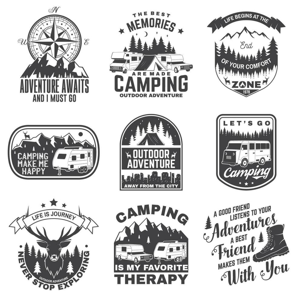 einstellen von Camping Abzeichen, Flecken. Camping zitieren. Vektor. Konzept zum Hemd oder Logo, drucken, Briefmarke oder Tee. Jahrgang Typografie Design mit Wohnmobil, Motor- heim, Camping Anhänger Silhouette. vektor