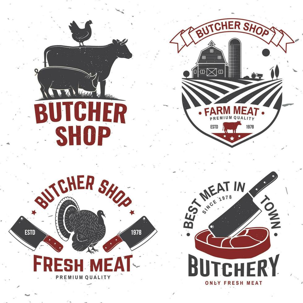 einstellen von Metzger Geschäft Abzeichen oder Etikette mit Kuh, Rindfleisch, Hähnchen. Vektor. Jahrgang Typografie Logo Design mit Kuh, Hähnchen Silhouette. Metzgerei Fleisch Geschäft, Markt, Restaurant Geschäft. vektor