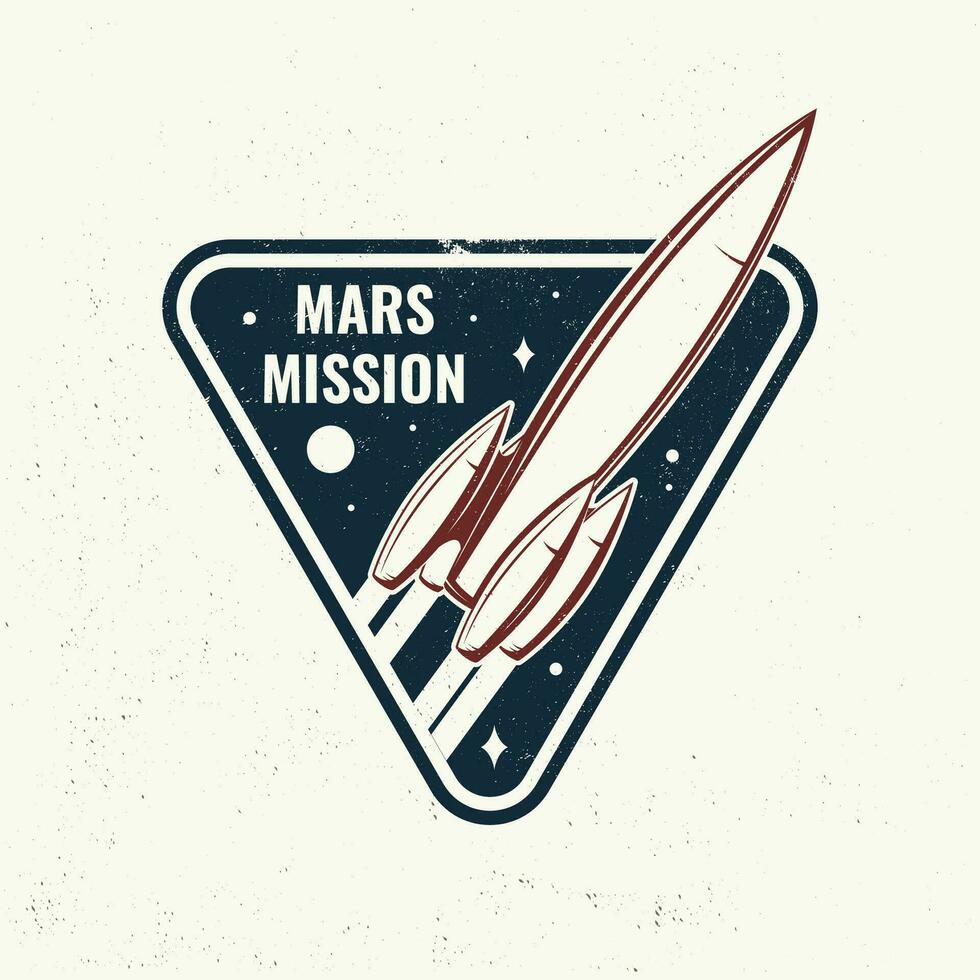 Mars Mission Logo, Abzeichen, Shirt, T, Design, drucken. Vektor. Konzept zum Shirt, drucken, Briefmarke, Overlay oder Vorlage. Jahrgang Typografie Design mit Raum Rakete und Mars Silhouette. vektor