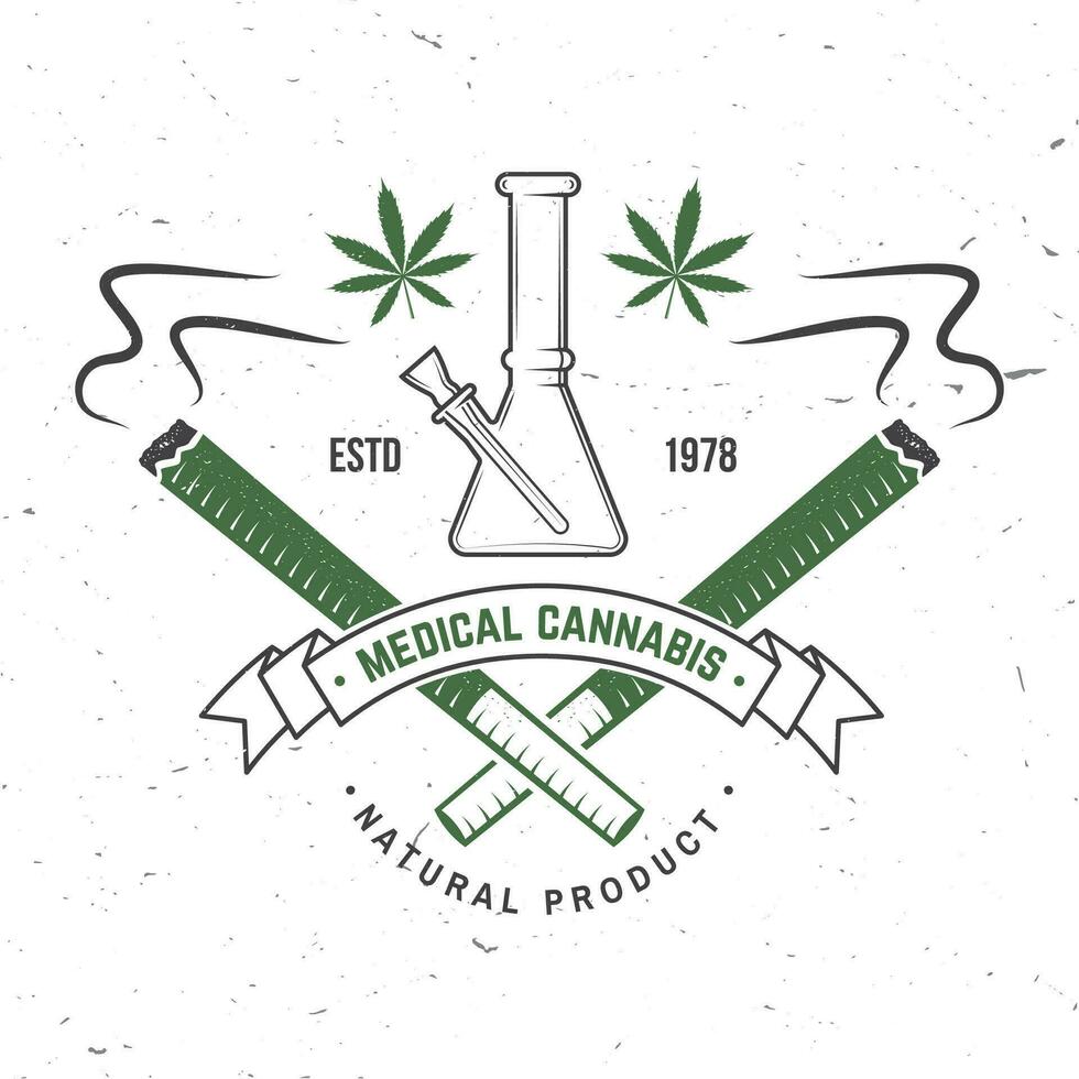 medizinisch Cannabis Abzeichen, Etikette mit Cannabis Blatt und Glas Bong. Vektor Jahrgang Typografie Logo Design mit Cannabis Blatt und Glas Bong Silhouette zum Gras Geschäft, Cannabis, Marihuana Lieferung Bedienung