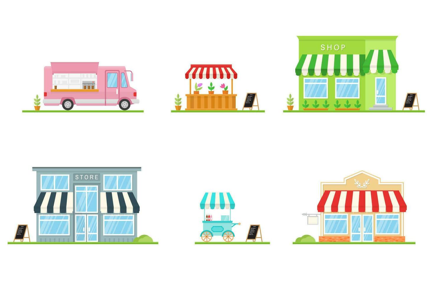 uppsättning av Lagra, affär, gata Lagra vagn och lastbil ikoner. vektor. för webb design och Ansökan gränssnitt, också användbar för infografik. modern minimalistisk design med Fasad Lagra byggnad vektor