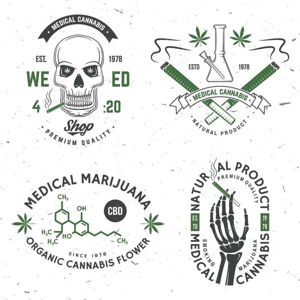 medicinsk cannabis bricka, märka med skelett hand, rökning marijuana vektor. årgång typografi logotyp design med cannabis, skelett hand silhuett för ogräs affär, cannabis, marijuana leverans service vektor