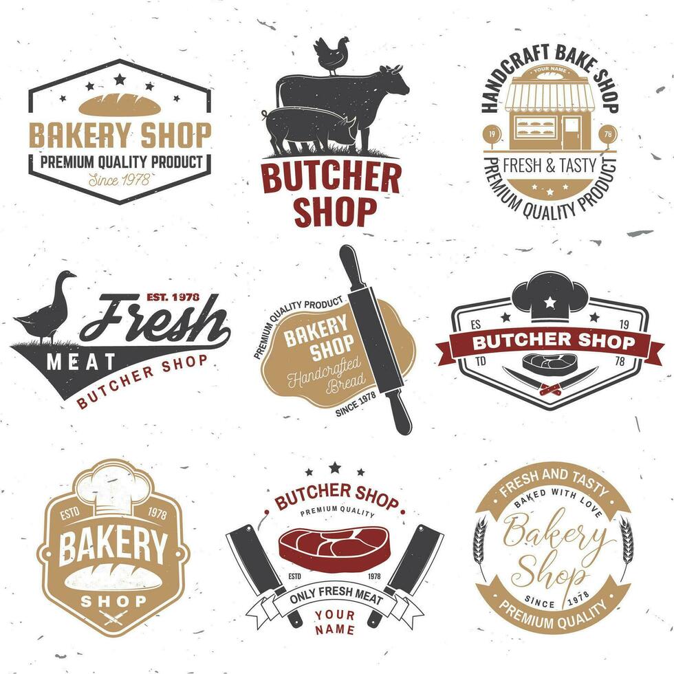 einstellen von Metzger Geschäft und Bäckerei Geschäft Abzeichen, Etikett. Vektor. Jahrgang Logo Design mit Kuh, Huhn, rollen Stift, Teig, Silhouette. zum Restaurant Identität Objekte, Verpackung, Speisekarte vektor