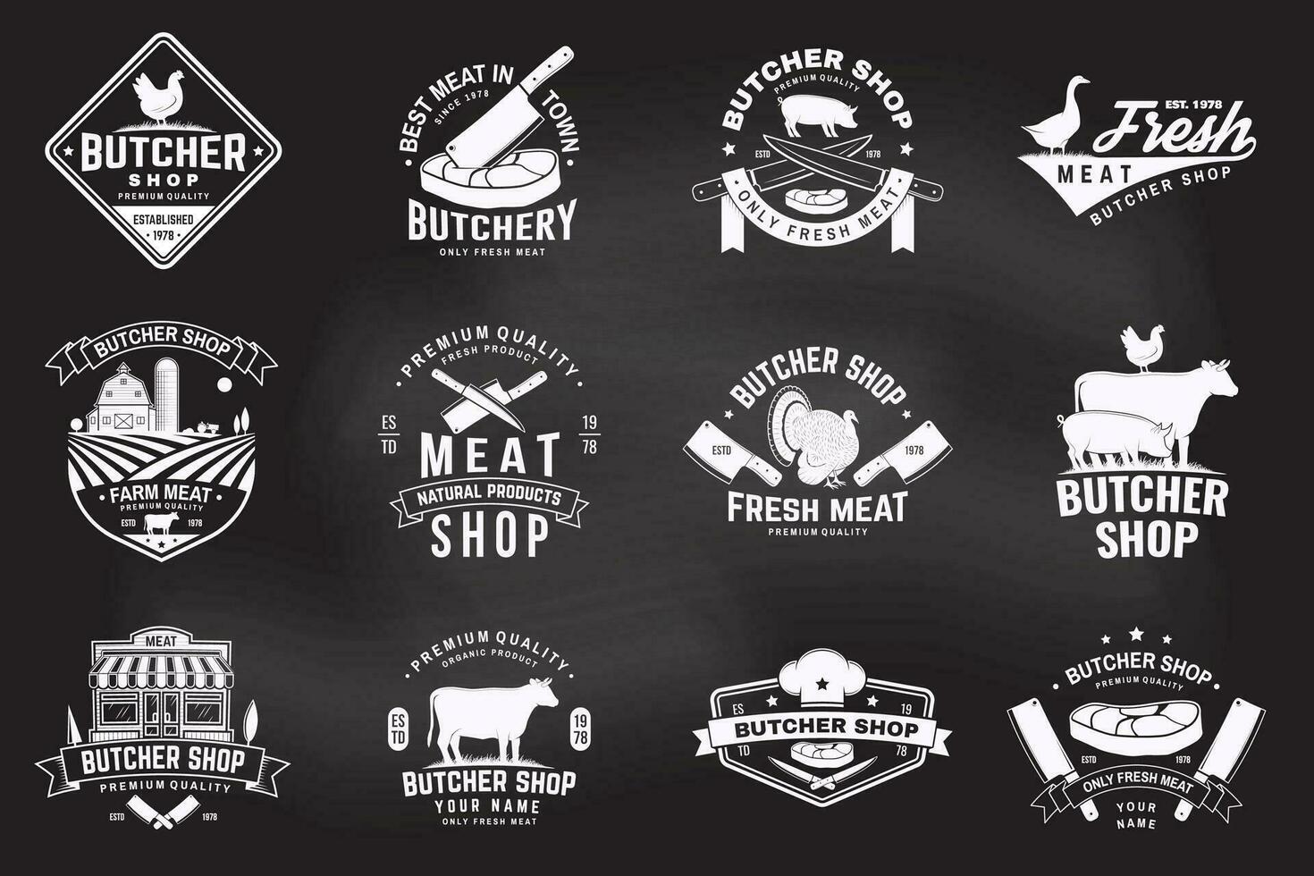 einstellen von Metzger Geschäft Abzeichen oder Etikette mit Kuh, Rindfleisch, Hähnchen. Vektor. Jahrgang Typografie Logo Design mit Kuh, Hähnchen Silhouette. Metzgerei Fleisch Geschäft, Markt, Restaurant Geschäft. vektor