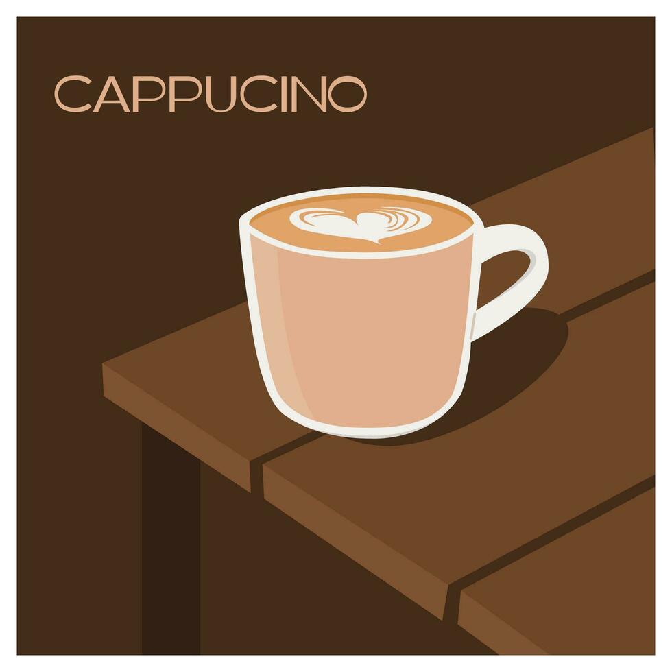 varm färsk latte eller cappuccino i transparent glas på tabell. kopp av mjölk kaffe på Kafé. frukost meny modern trendig fyrkant affisch i enkel hand dragen stil i mörk färger. platt vektor illustration.