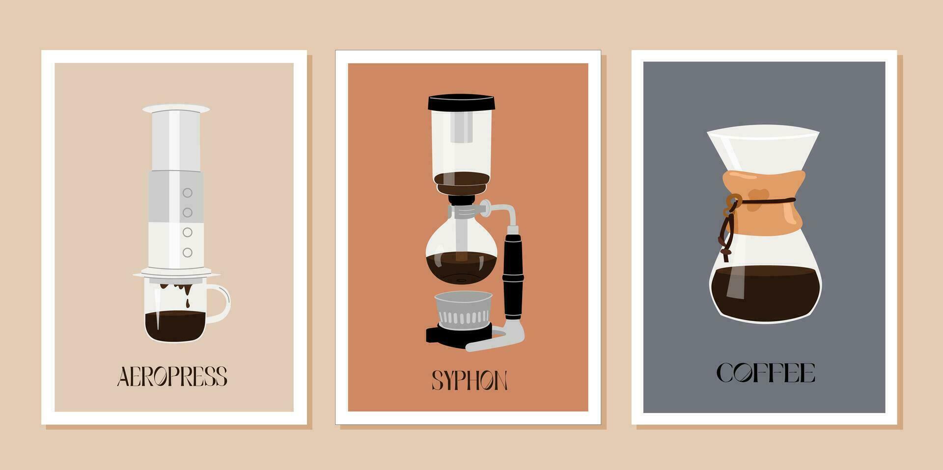 uppsättning av samtida posters med chemex glas pott, sifon kaffe tillverkare och aeropress. vägg konst skriva ut med specialitet kaffe. alternativ kaffe bryggning metoder. trendig minimalistisk vektor illustration.