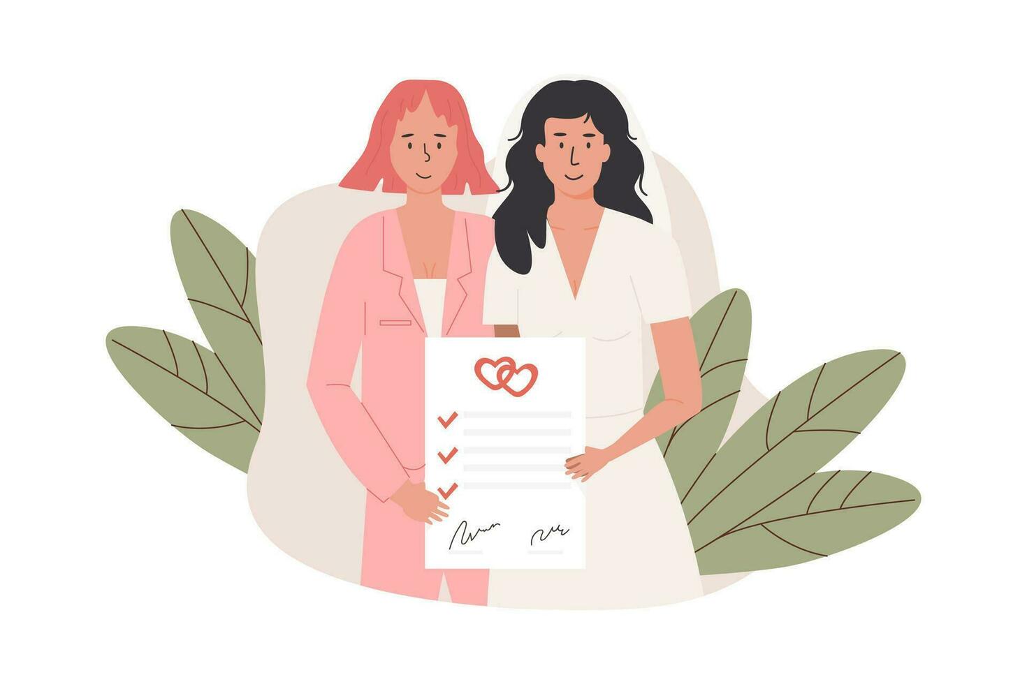 ein süß weiblich Paar im Hochzeit Kleid halten unterzeichnet Ehe Zertifikat. verheiratet Lesben Frauen. frisch verheiratet lgbtq Bräute oder Ehefrauen. romantisch gleich Sex Ehe von Liebe Partner. Vektor Illustration.