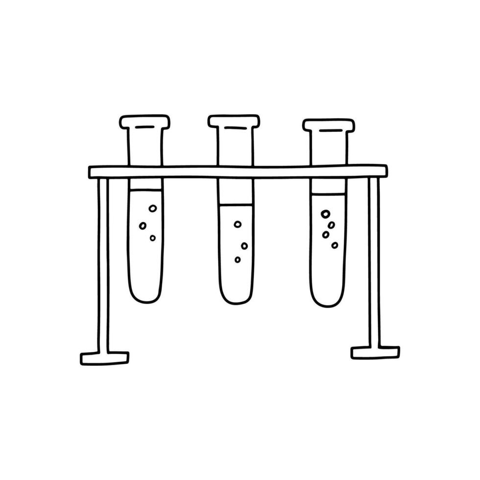 Flasche mit Flüssigkeit zum wissenschaftlich Experiment. chemisch Forschung Labor Ausrüstung. Chemie Labor Glaswaren. Vektor Gekritzel skizzieren