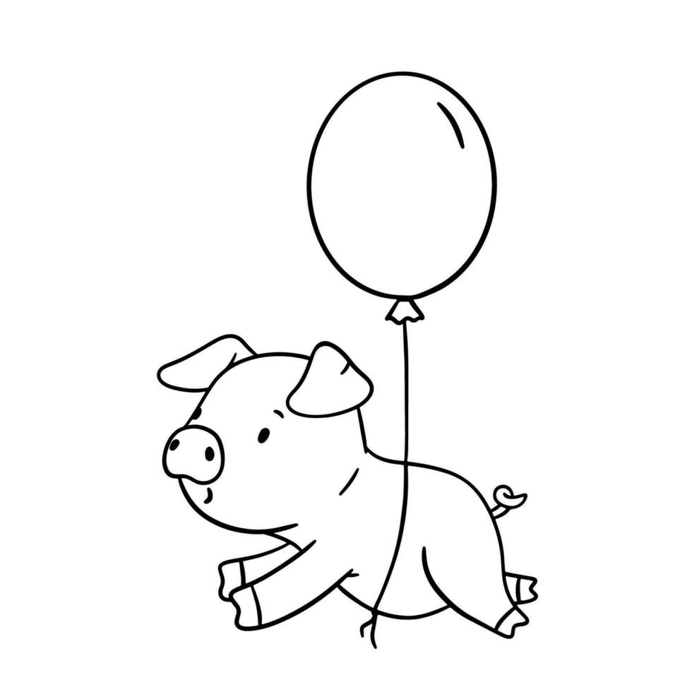 süß Gliederung Ferkel Charakter mit Ballon. Hand gezeichnet Illustration isoliert auf Weiß Hintergrund. komisch Bauernhof Tier zum Färbung Buch vektor