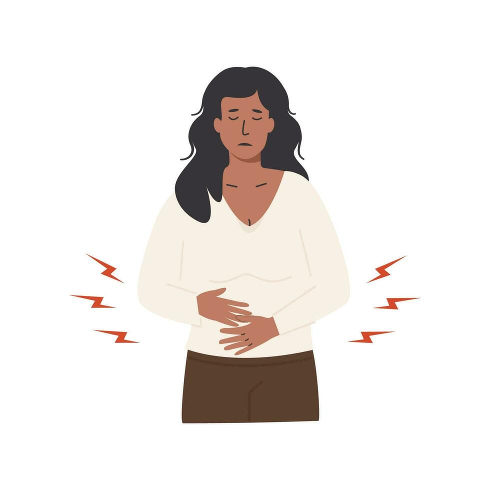 kvinna med mage värk innehav henne händer på mage. ung kvinna med abdominal smärta. kramper, obehag under menstruations- period. pms symptom. uterin, äggstockar och cervical cancer. vektor illustration